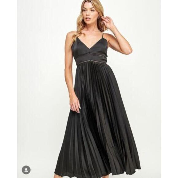 KOKO MASON Black Empire Waist Pleated Midi Dress Size M Formal Sleeveless Satin - Picture 1 of 4